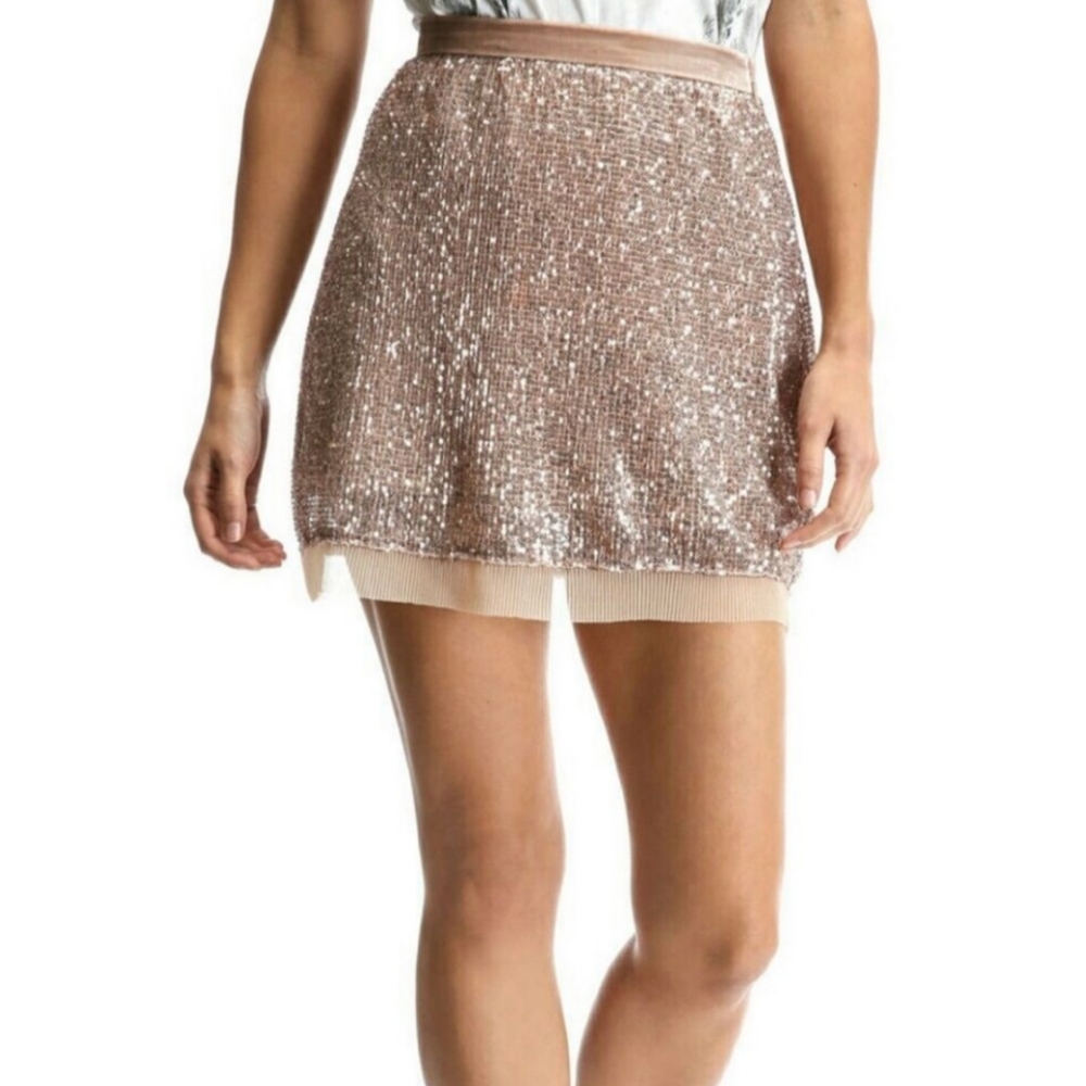 Free People Rose Gold Sequin Mini Skirt